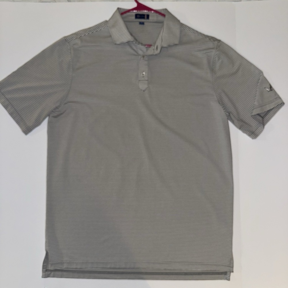 Men's Large Stitch Performance Golf Polo Shirt Gray White Striped Short‎ Sleeve
